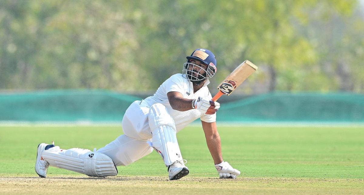 Delhi’s Rishabh Pant in action during the Ranji Trophy match against Saurashtra at the Niranjan Shah Stadium in Rajkot on Thursday, January 23, 2025.