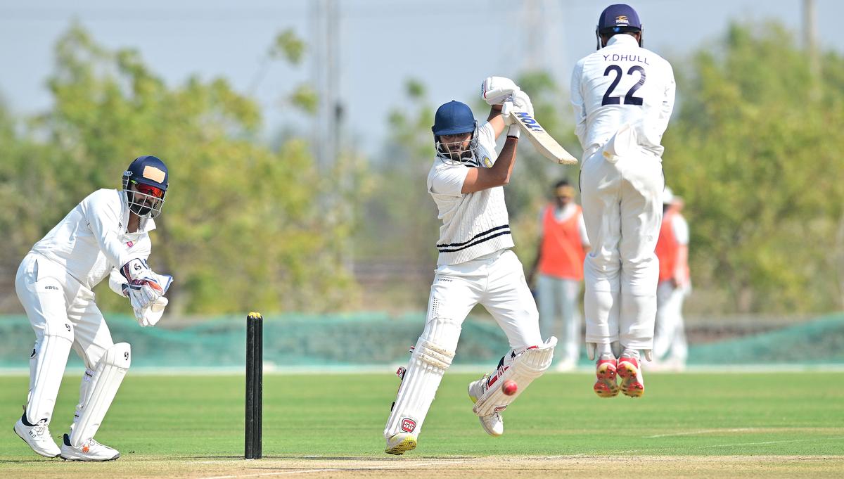 Saurashtra’s Harvik Desai in action during the Ranji Trophy match against Delhi at the Niranjan Shah Stadium in Rajkot on Thursday, January 23, 2025.