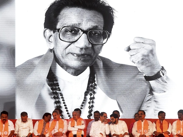 Shiv Sena (UBT) Chief Uddhav Thackeray with party leaders Sanjay Raut, Aaditya Thackeray and others during a public meeting on the birth anniversary of Shiv Sena founder Bal Thackeray in Mumbai. (PTI photo)